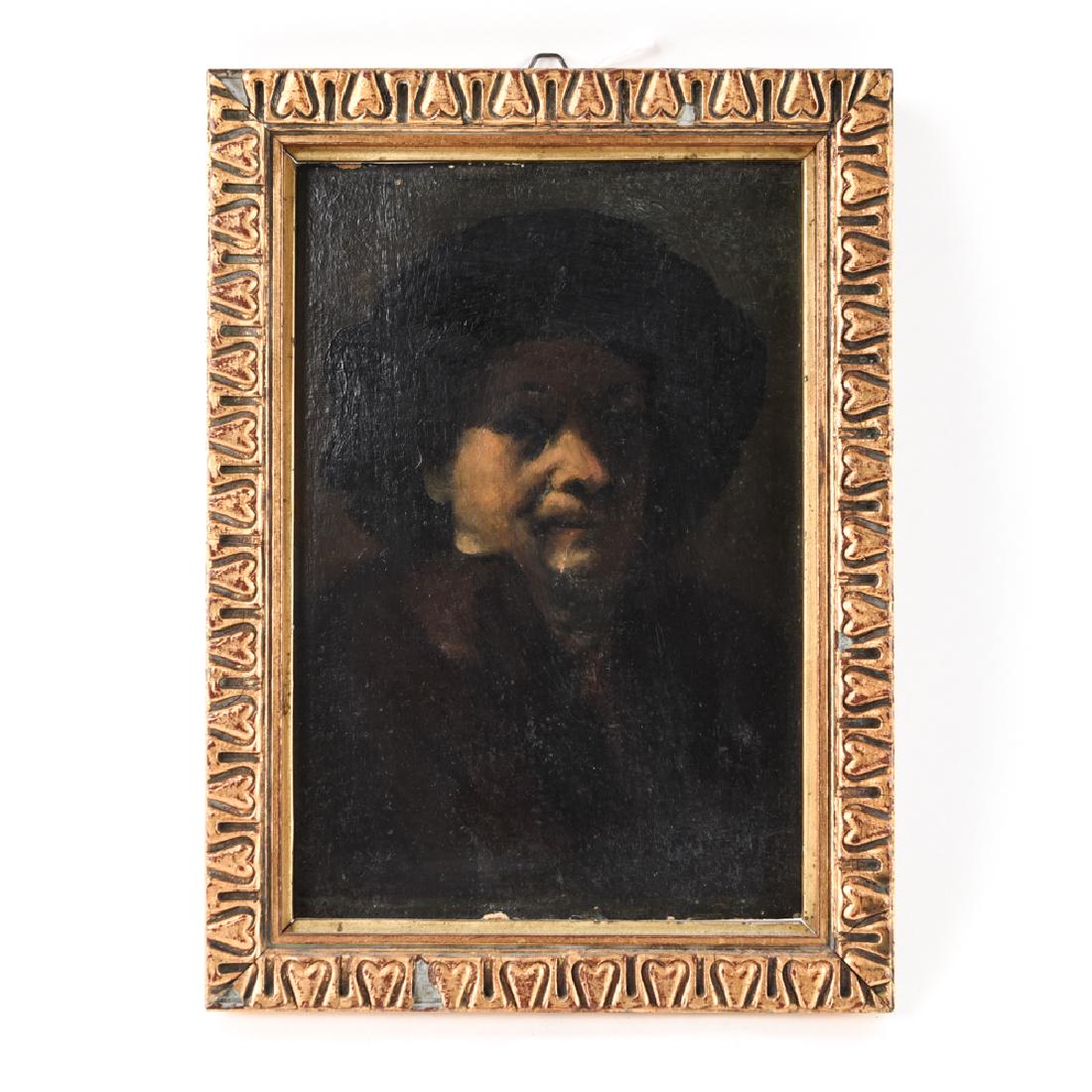 AFTER REMBRANDT OIL ON BOARD SELF PORTRAIT: Oil on board. Apparently unsigned. Dimensions: (Frame) H 10.5" x W 7.75", (Board) H 8.5" x W 6" Condition: Small scratch at center, dirty varnish. Small losses to frame.