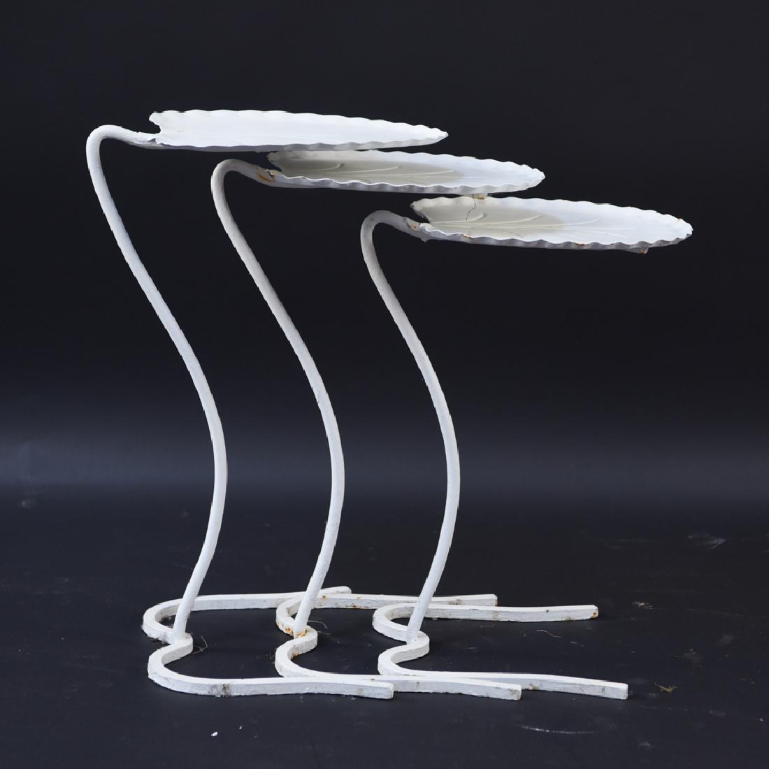 (3) SALTERINI STACKING IRON LEAF TABLES: Dimensions: (Tallest) H 23" x W 11" x D 14.5" Condition: Normal signs of age and use.