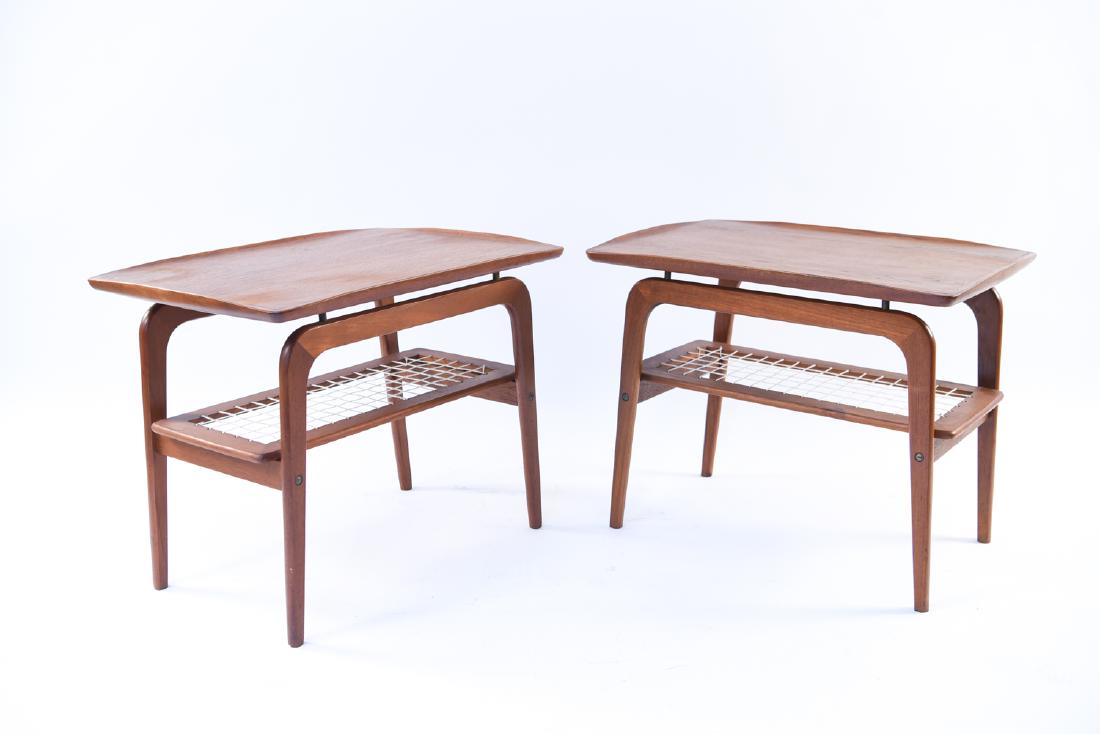 PAIR OF DANISH MID-CENTURY END TABLES: Marked "Made in Denmark". Dimensions: H 21" x W 26" x D 19" Condition: Peeled veneer, minor scuffs and scratches.