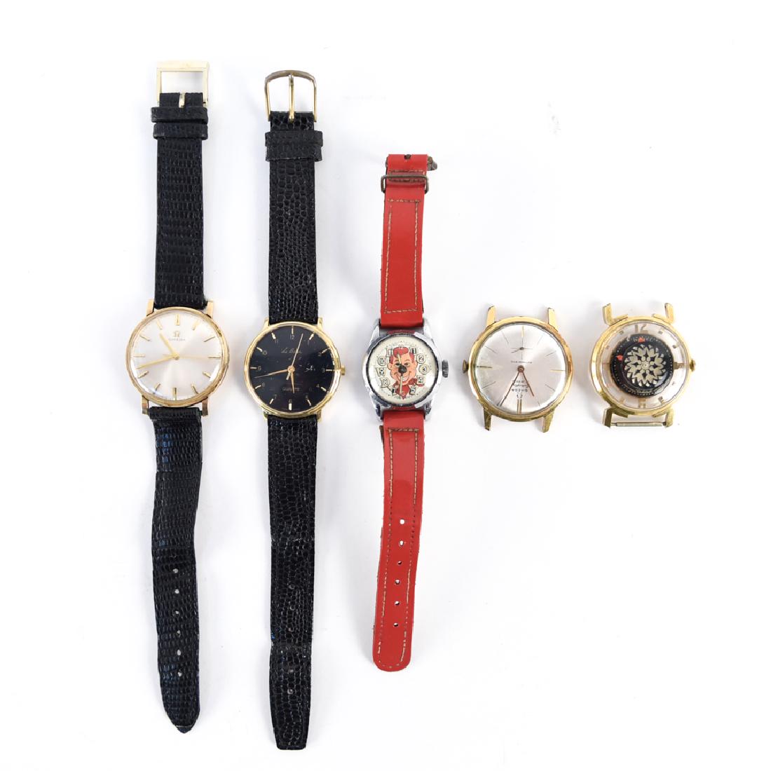 GROUPING OF WATCHES: Including Bob Smith, Omega with 14k case, Le Baron, Borel Cocktail face, and Omega face with 18k case. Including information pamphlet for Omega watch with 14k case. Dimensions: (Omega band) L 8.75" x 
