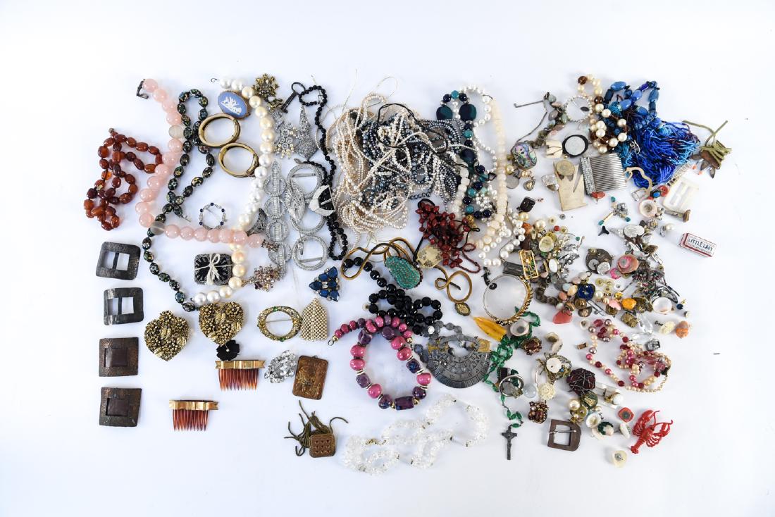 GROUPING OF JEWELRY: Including a nice grouping of antique (Art Nouveau, Victorian, Edwardian etc.) buckles, clips and clasps, also included are some small sterling pieces, and misc. vintage (mid century) pieces, including