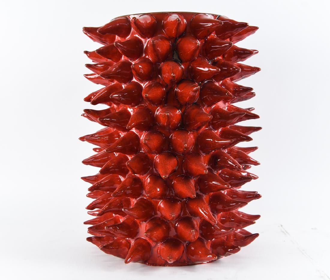 PINO ESPOSITO ITALY CERAMIC VASE / UMBRELLA HOLDER: Signed underneath. Large vase or umbrella stand. Dimensions: H 20" x Dia. 16" Condition: Few small losses to tips of spikes.