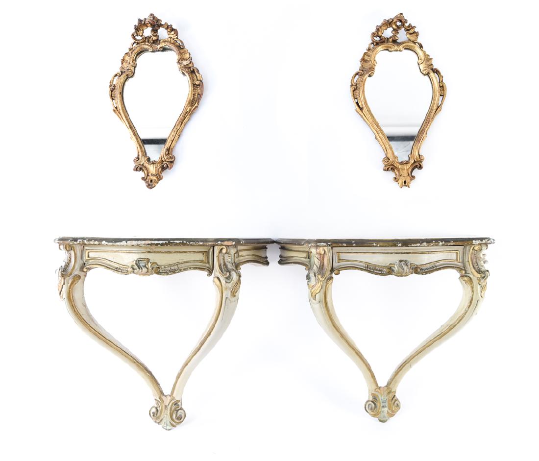 PAIR OF ITALIAN MIRRORS & WALL MOUNT END TABLES: Dimensions: (Console) H 18.75" x W 20.5" x D 10.5" Condition: Paint loss and some surface loss to wood. Few small losses to surfaces of mirror frames. Mirror backing not original, few repairs to frame