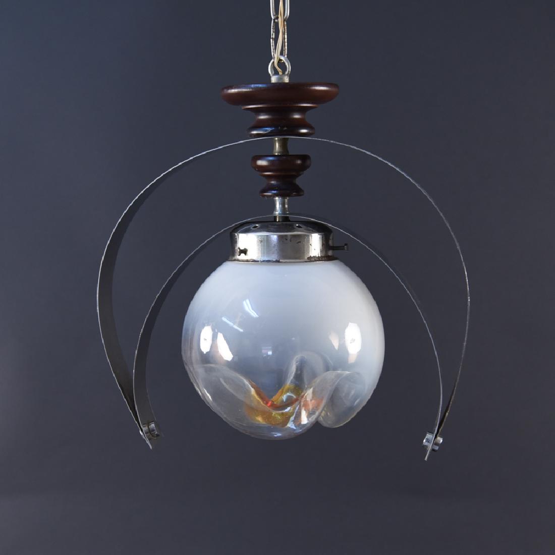 MAZZEGA MURANO ITALIAN GLASS PENDANT LAMP: Dimensions: (Pendant) H 13" x W 13" x D 7" Condition: Not tested, may need to be rewired. Pitting and some rusting to metal.