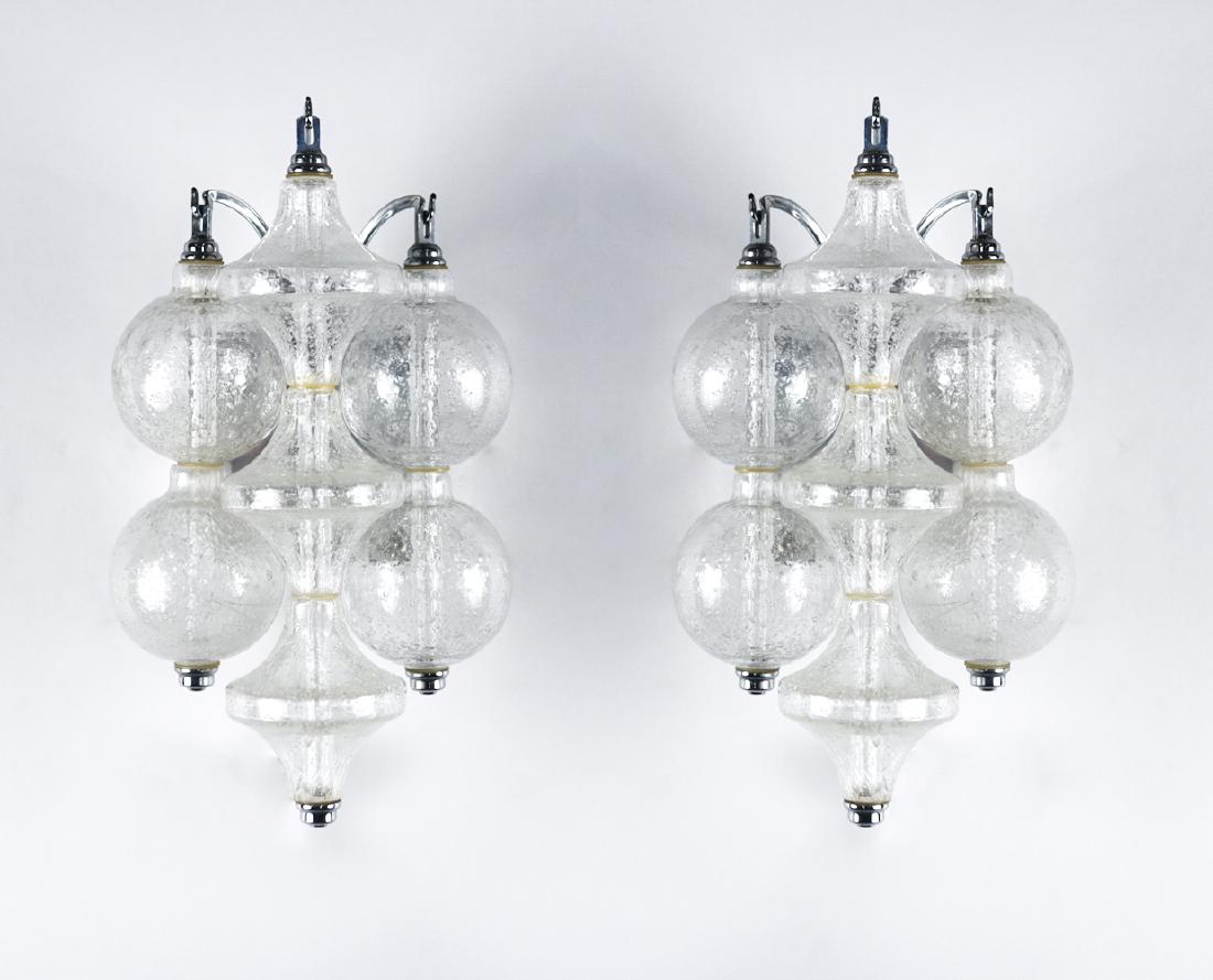 PAIR OF CHROME AND GLASS SCONCES: Dimensions: H 12.25" x W 7.5" x D 6" Condition: Early indications of pitting.