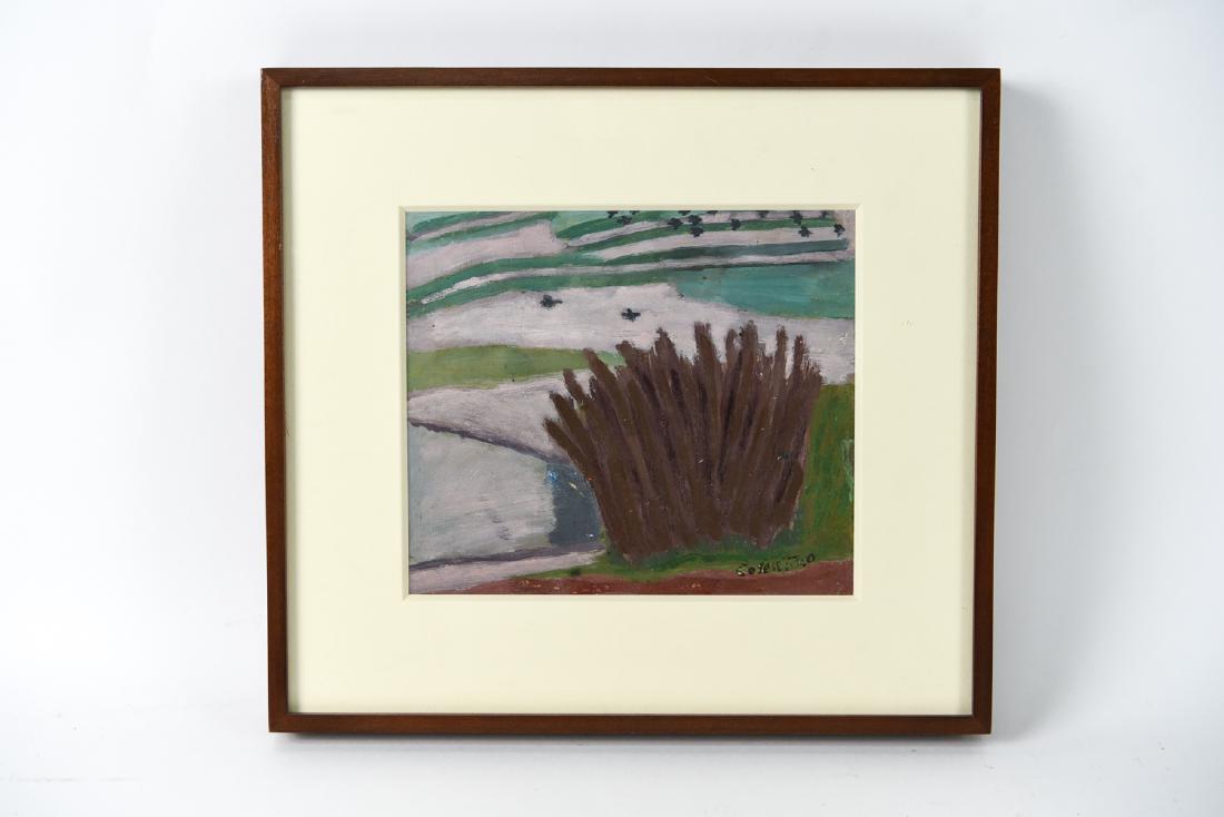 GINO COSENTINO MODERNIST OIL ON PAPER: Signed indistinctly lower right. Dimensions: (Frame) H 13" x W 14.25", (Sight) H 7.5" x W 8.75" Condition: No issues to note.