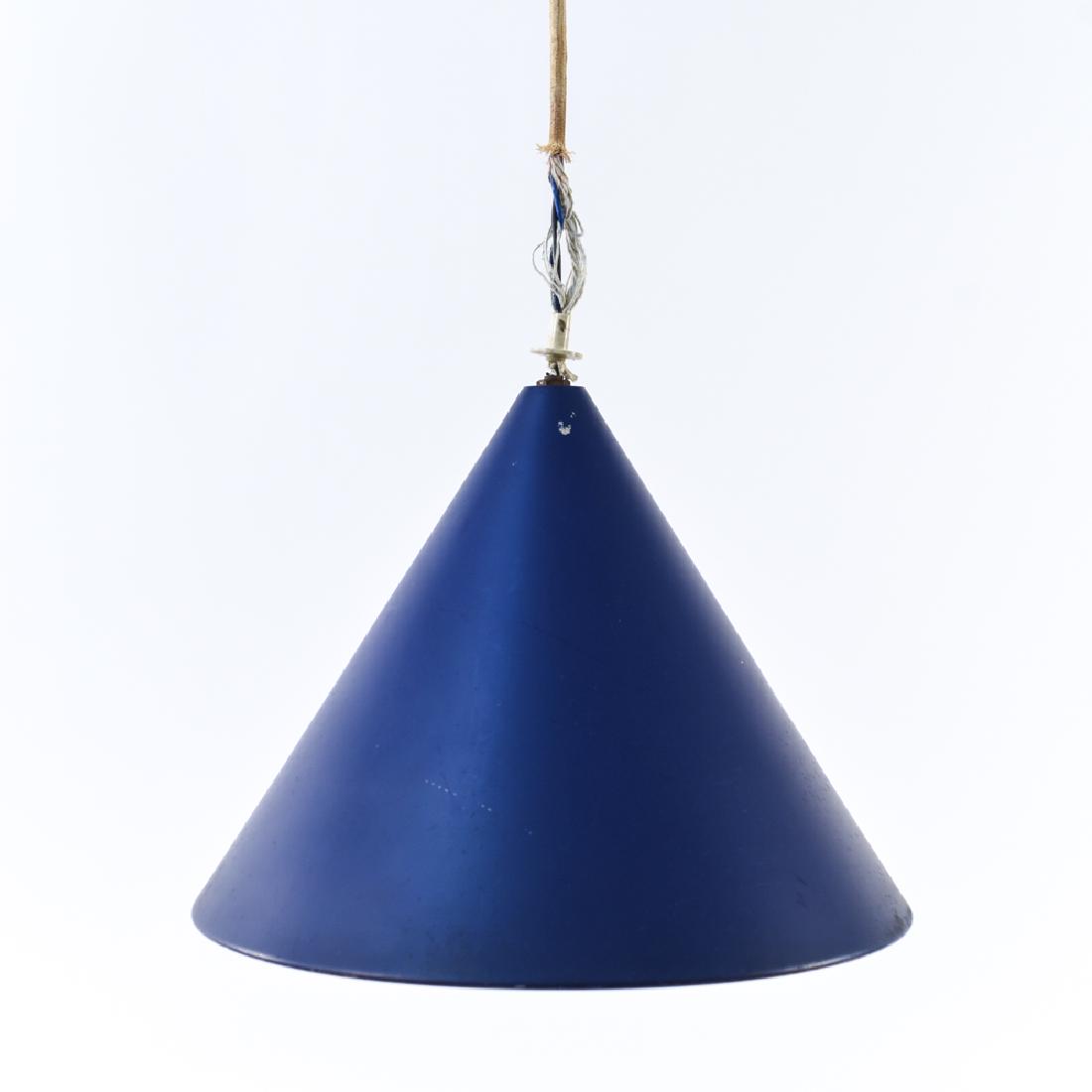MID-CENTURY BLUE CONE PENDANT LAMP: Dimensions: H 11" x Dia: 13.5" Condition: Needs new wiring, losses to paint.
