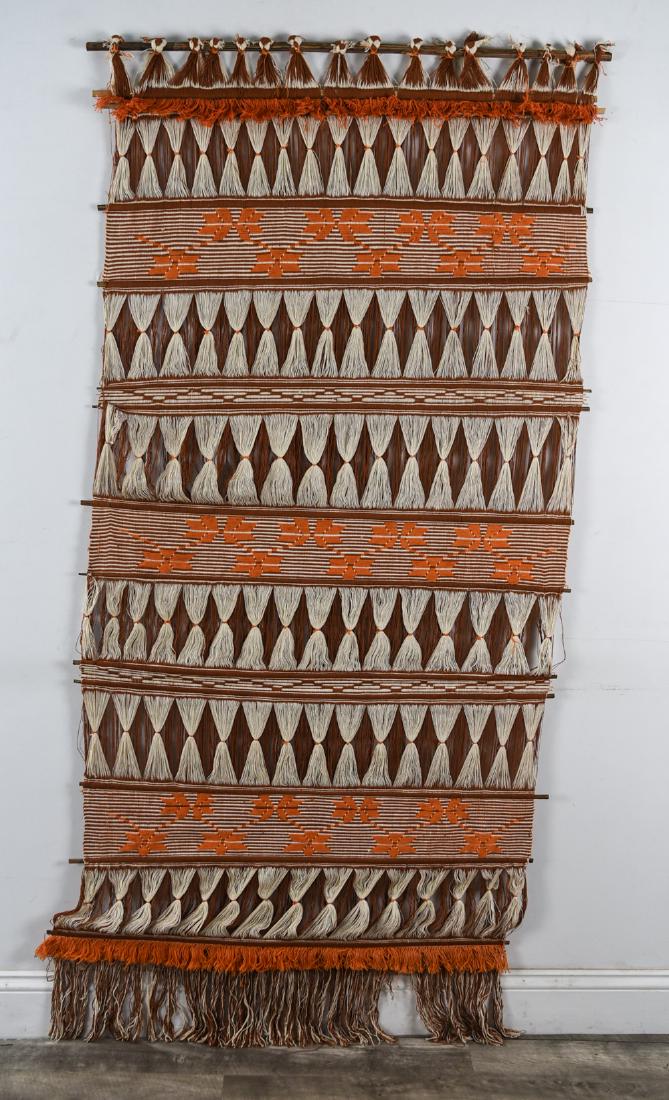 SCANDINAVIAN WOVEN COTTON HANGING TAPESTRY: Bamboo, woven cotton. C. 1960s. Dimensions: H 70" x W 36" Condition: No issues to note.