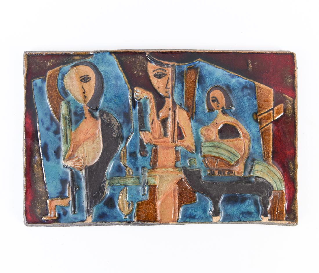 RUTH FAKTOR CERAMIC TILE SCULPTURE: Dimensions: H 9.5" x W 14.5" Condition: Small chips on back and edges.