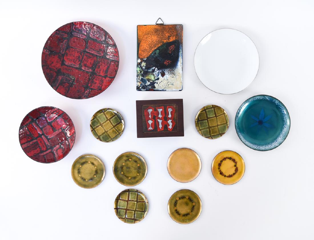 GROUPING OF MID-CENTURY ENAMELWARE: Enamel on copper including (2) Vallenti plates, 8 coasters, plates, wall hanging, and box with chess motif. Including round blue piece by Edward Winter and white piece by Catherine Holm, Norway. Dimen