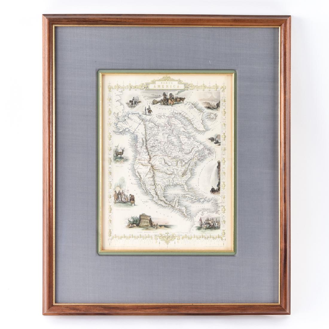 TALLIS, 1851 MAP OF NORTH AMERICA: With COA on verso. John Tallis, 1851. Hand colored engraving with central horizontal fold. Dimensions: (Frame) H 24.5" x W 20" (Sight) H 14" x 10.25" Condition: Flattened horizontal fold.