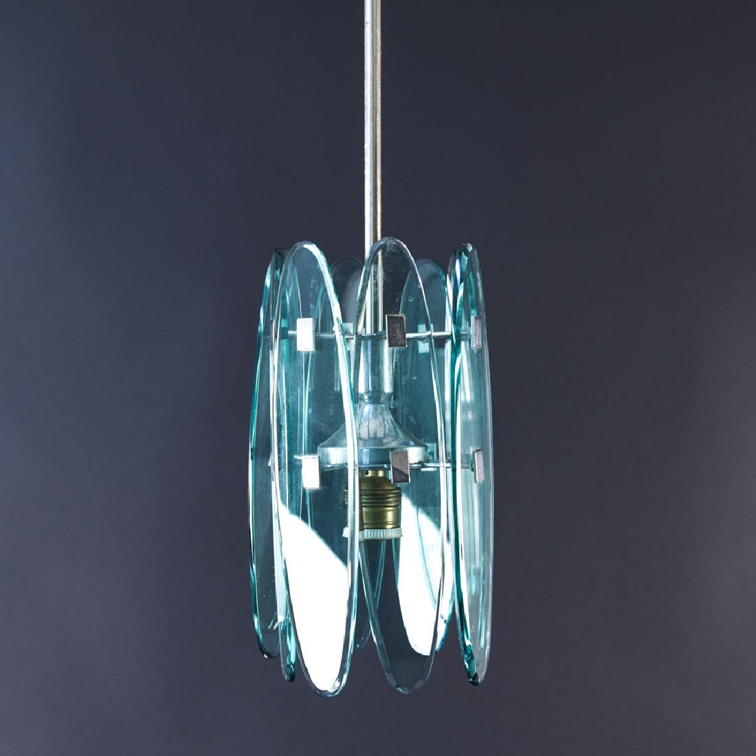 FONTANA ARTE STYLE GREEN GLASS PENDANT LIGHT: Dimensions: H 23" x Dia: 6" Condition: Very small chip to top edge of one piece of glass, chrome showing light signs of age and use.