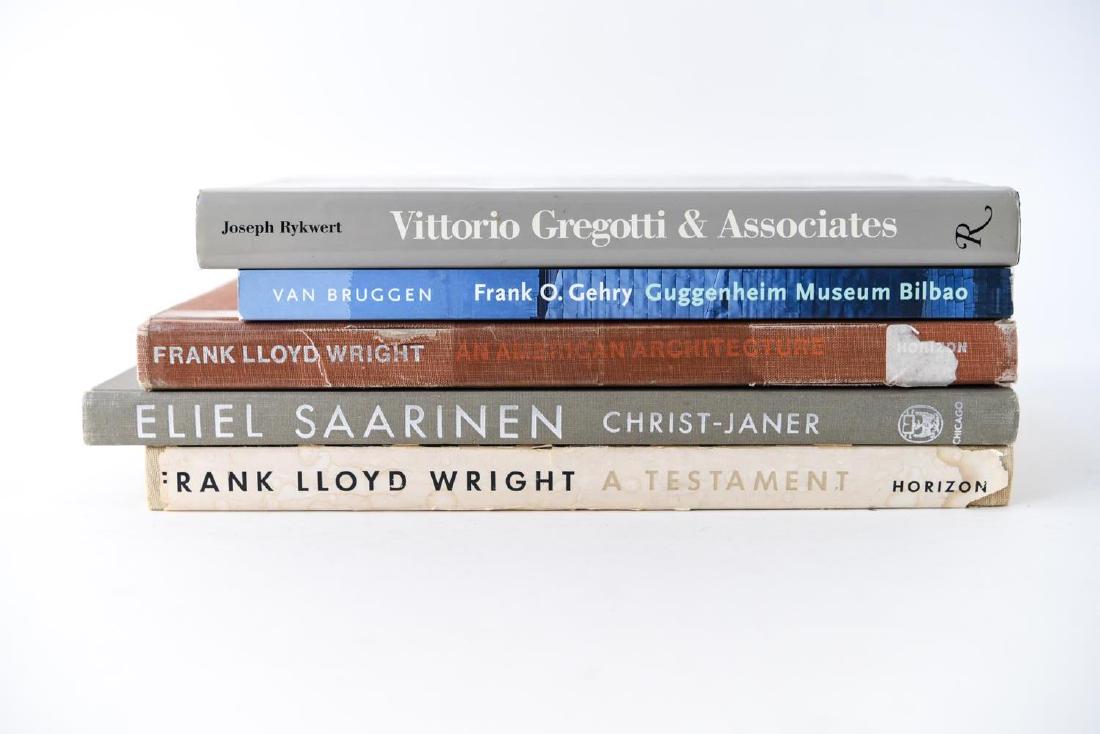 GROUPING OF MODERN DESIGN BOOKS: Including Vittorio Gregotti & Associates, Frank Lloyd Wright, Eliel Saarinen, etc. (5) books. Dimensions: (Saarinen) H 13" x W 9.75" Condition: Showing wear consistent with age and use.