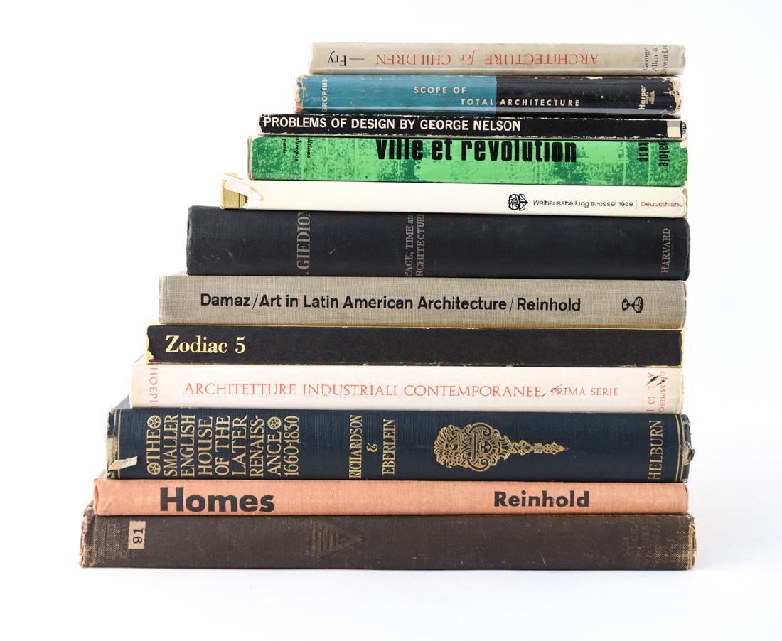 GROUPING OF ARCHITECTURE BOOKS: Including Problems of Design by George Nelson, Art in Latin American Architecture, Ville et Revolution, Homes, etc. Dimensions: (Homes) H 11.5" x W 9" Condition: Showing wear consistent with age and u