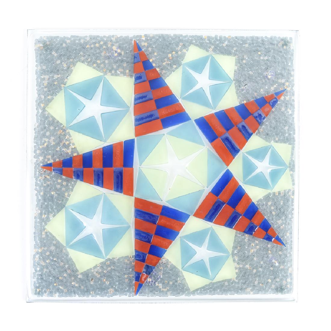 MICHAEL HIGGINS STUDIO GLASS PLAQUE: Signed to corner. One of a kind, commissioned in 1998, and so among Higgins's last works. Dimensions: H 14" x W 14" Condition: No issues to note. Note: Photograph of letter discussing commission of pl