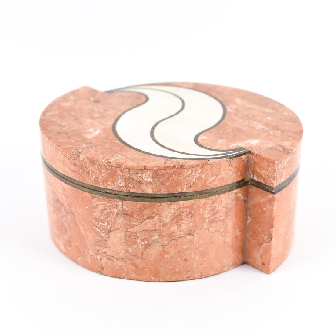 ATTR. MAITLAND SMITH MARBLE & TRAVERTINE BOX: Tessellated. Dimensions: H 4" x W 9" x D 8" Condition: Loss to piece of marble trim at upper edge. Few flea bites to edges.