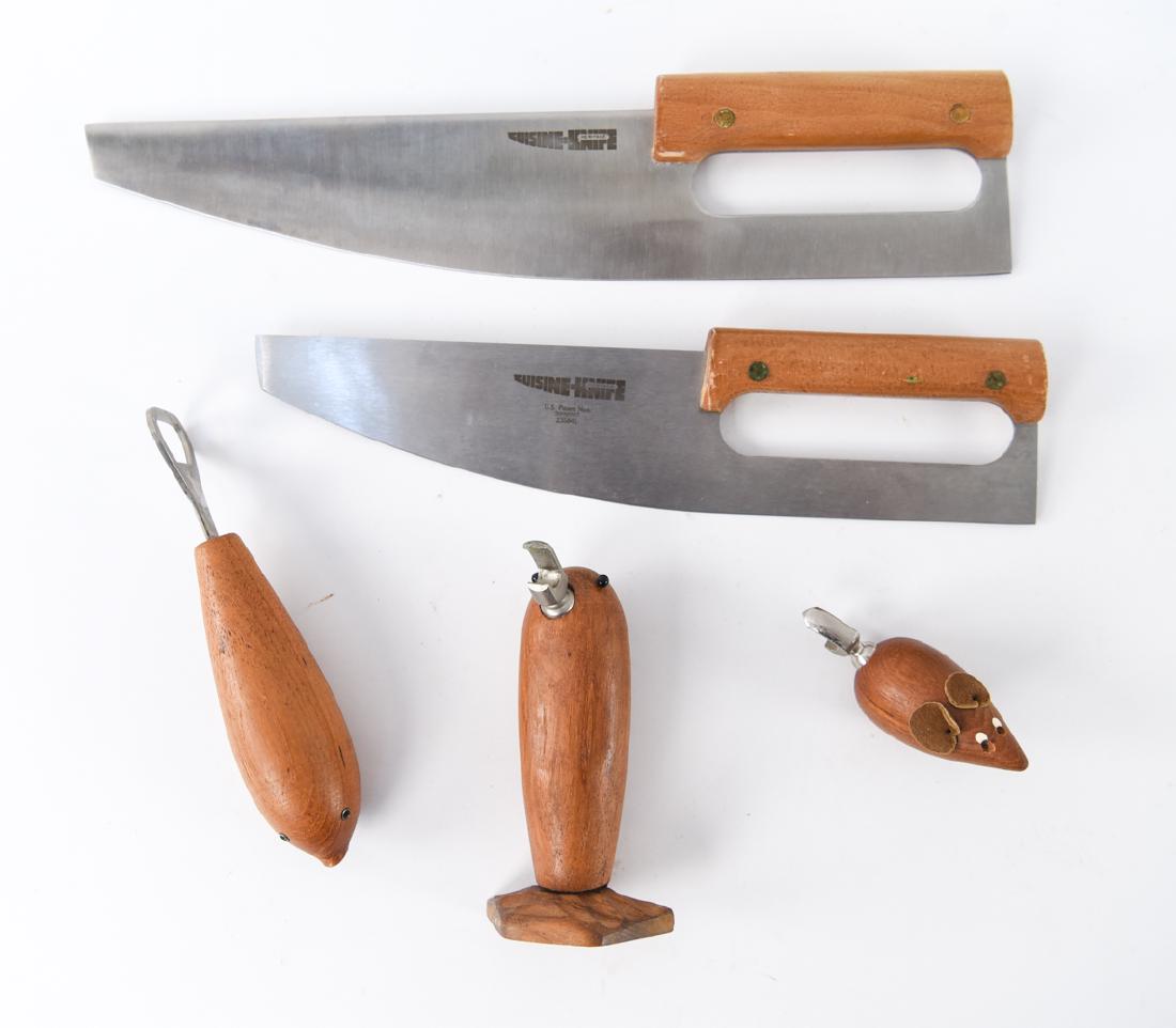 GROUPING OF MID-CENTURY KITCHENWARE INCL. DANISH: Including Heritage Cuisine (USA) c. 1960s knives and Denmark c. 1960s bottle openers. (5) pieces. Marked Denmark. Dimensions: (Largest knife) L 12.75" Condition: Showing light wear consistent with age