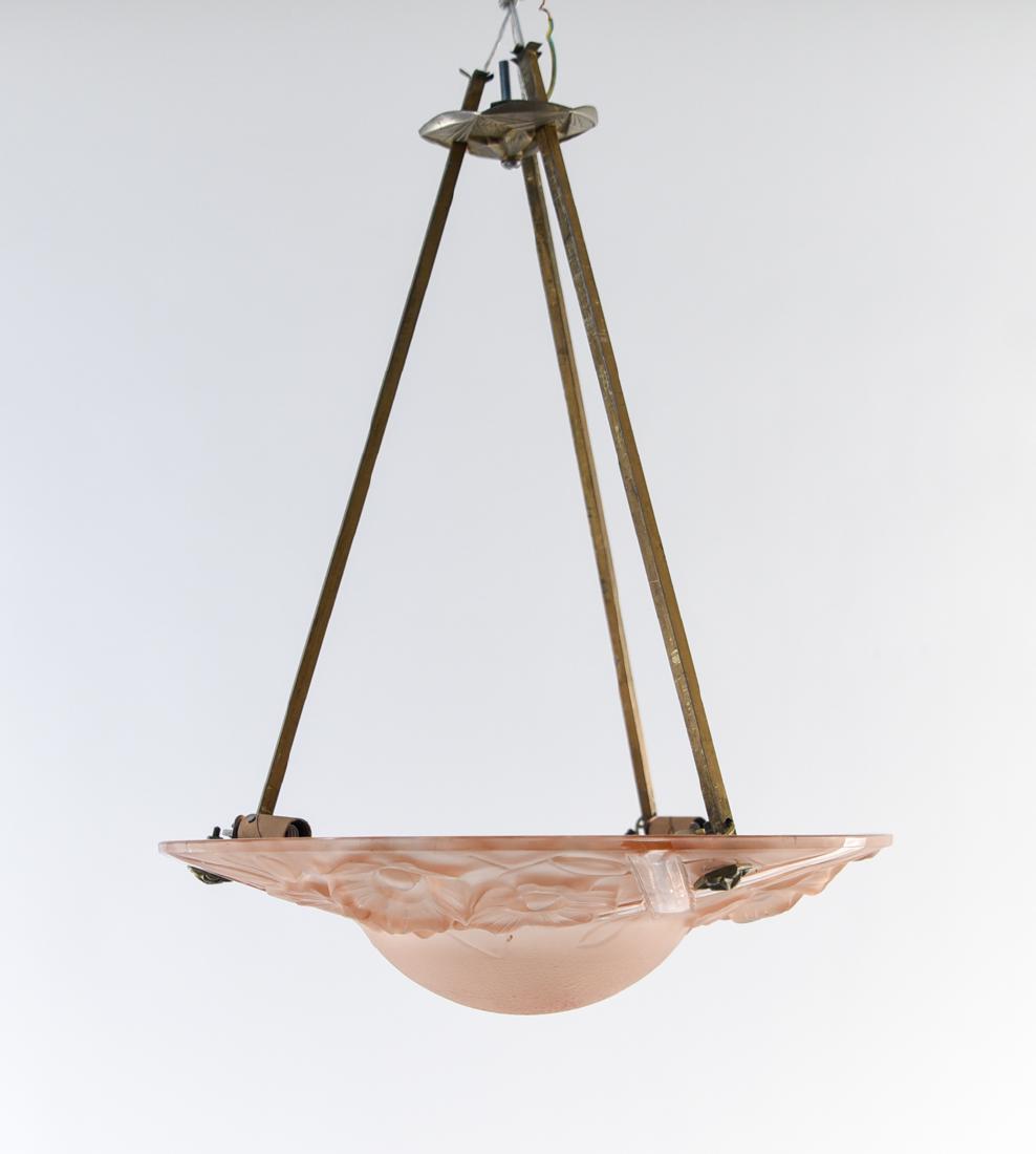 ART DECO GLASS HANGING PENDANT LIGHT FIXTURE: Marked SFVBA to rim of shade. Dimensions: H 21" x Dia. 15.75" Condition: Not tested, may need to be rewired. Some tarnish to metal. Showing age wear.