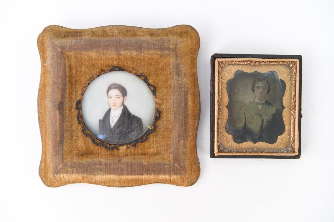 (2) MINIATURE PORTRAITS: Painted portrait and tin type. Dimensions: (Larger frame) H 5.5" x W 5.5" Condition: Discoloration to larger frame. Light frame wear. Loss to photograph.