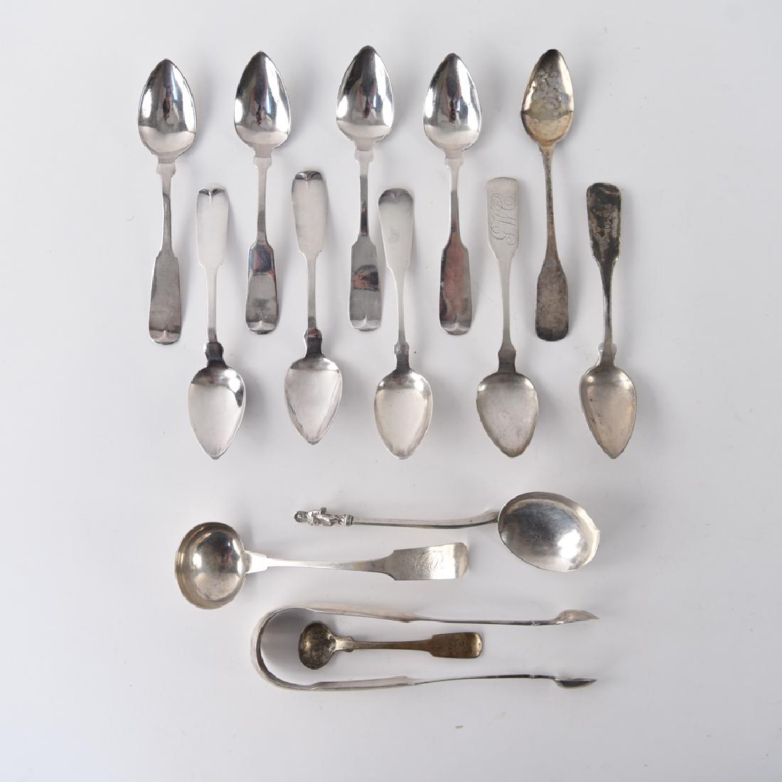 COIN SILVER FLATWARE: Spoons marked Hoard and Avery. Dimensions: (Tongs) H 7" Weight: (Overall total) 9.070 ozt Condition: Some tarnish, surface wear.