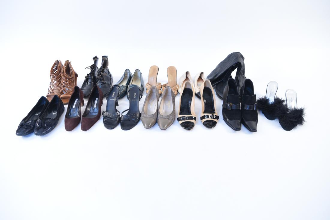 GROUPING OF LADIES DESIGNER SHOES: Including Chanel, Manolo Blahnik, Tods, Walter Steiger, etc. Sizes: Varying including 38.5, 37.5, 39. Condition: Used, showing wear including tear to one Chanel boot at seam, scuffs. All showing signs