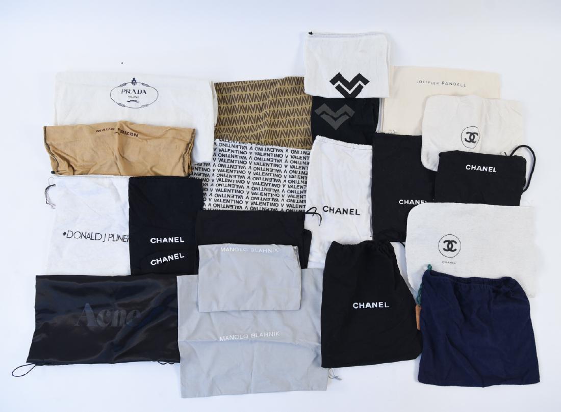 GROUPING OF DESIGNER DUST BAGS: For shoes, accessories. Including Chanel, Valentino, Bottega and Veneta, Manolo Blahnik. Condition: Varying, some new, some light used.