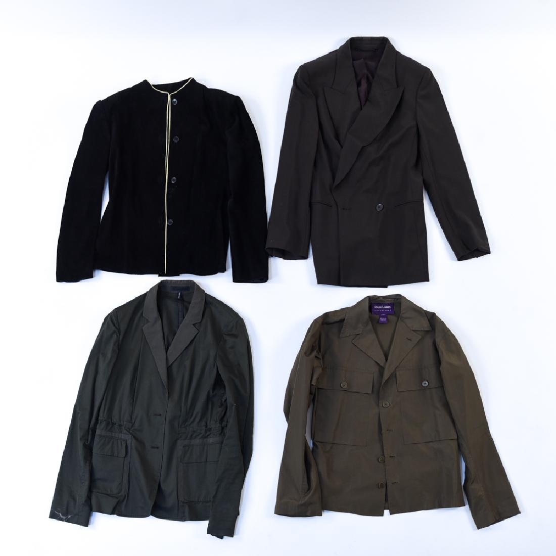 (4) LADIES DESIGNER JACKETS: Including Mario Valentino (size 46) suede blazer with gold trim; Gucci (size 46) wool blend brown blazer; Ralph Lauren lightweight cotton jacket; Jil Sander (size 42) military style blazer. Condition: