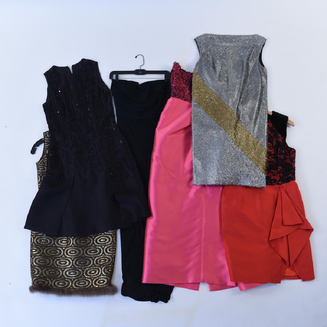 LADIES DESIGNER GOWNS: Including Roland Nivelais pink and black lace strapless, full length Jill Richards black strapless, Givenchy size 40 black beaded dress, Oscar de la Renta size 10 threaded gold dress with fur trim, Ja