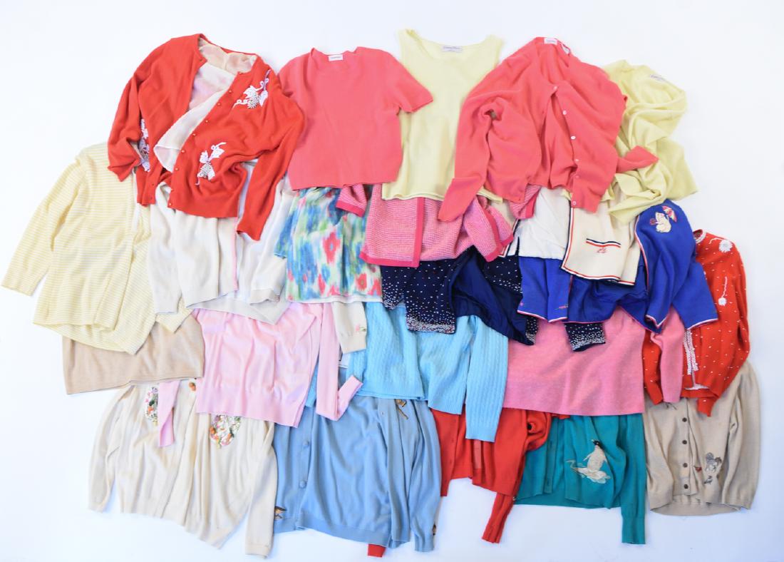 GROUPING OF CASHMERE SWEATERS INCL. VINTAGE: A collection of cashmere sweaters including vintage beaded and applique designs. Mostly all size M-L. Also includes some newer cashmere sweaters. Brand including J. Brand, Whitney Tremaine, Dolce & Ga
