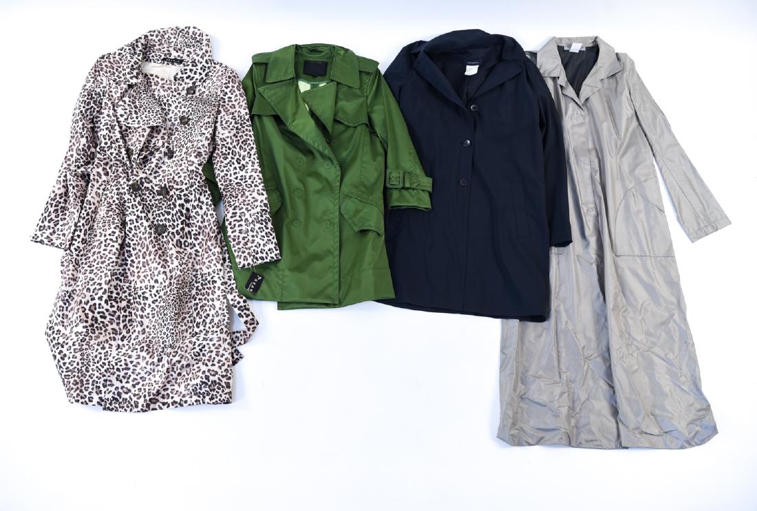 (4) LADIES DESIGNER COATS: Including Searle ankle length leopard print windbreaker (Size 6), Marc Jacobs green raincoat (size 4), Severine Perraudin silk blend coat (size 36), Piazza Sempione dark blue, light weight coat (size 