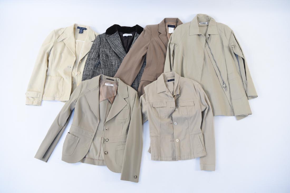 LADIES BEIGE DESIGNER BLAZER / JACKET GROUPING: (6) pieces. Including Prada (size 42) weatherproof blazer, Piazza Sempione size 42 cotton blazer, Jil Sander size 34 cotton raincoat, Piazza Sempione size 42, Carolina Hererra size 6, Ralph Lauren fit
