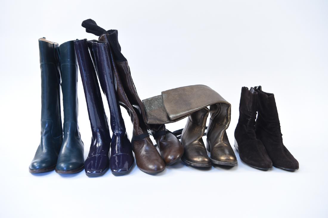 LADIES DESIGNER BOOTS INCLUDING PRADA: (5) pairs. Including: Aquataua by Marvin K (size 8.5), Chuckies Made in Italy (size 37.5), Prada purple patent leather (size 38.5), and Prada bronze metallic knee length (size 38.5), Stella McCartney