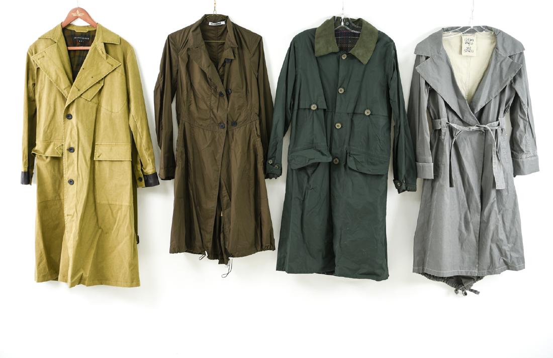 GROUPING OF LADIES TRENCH COATS: (4) pieces. Anette Gortez gray full length size 34, Barbour size small, Jil Sander size 34 lightweight, and Ralph Lauren size 2 army green oil cloth. Condition: All good.