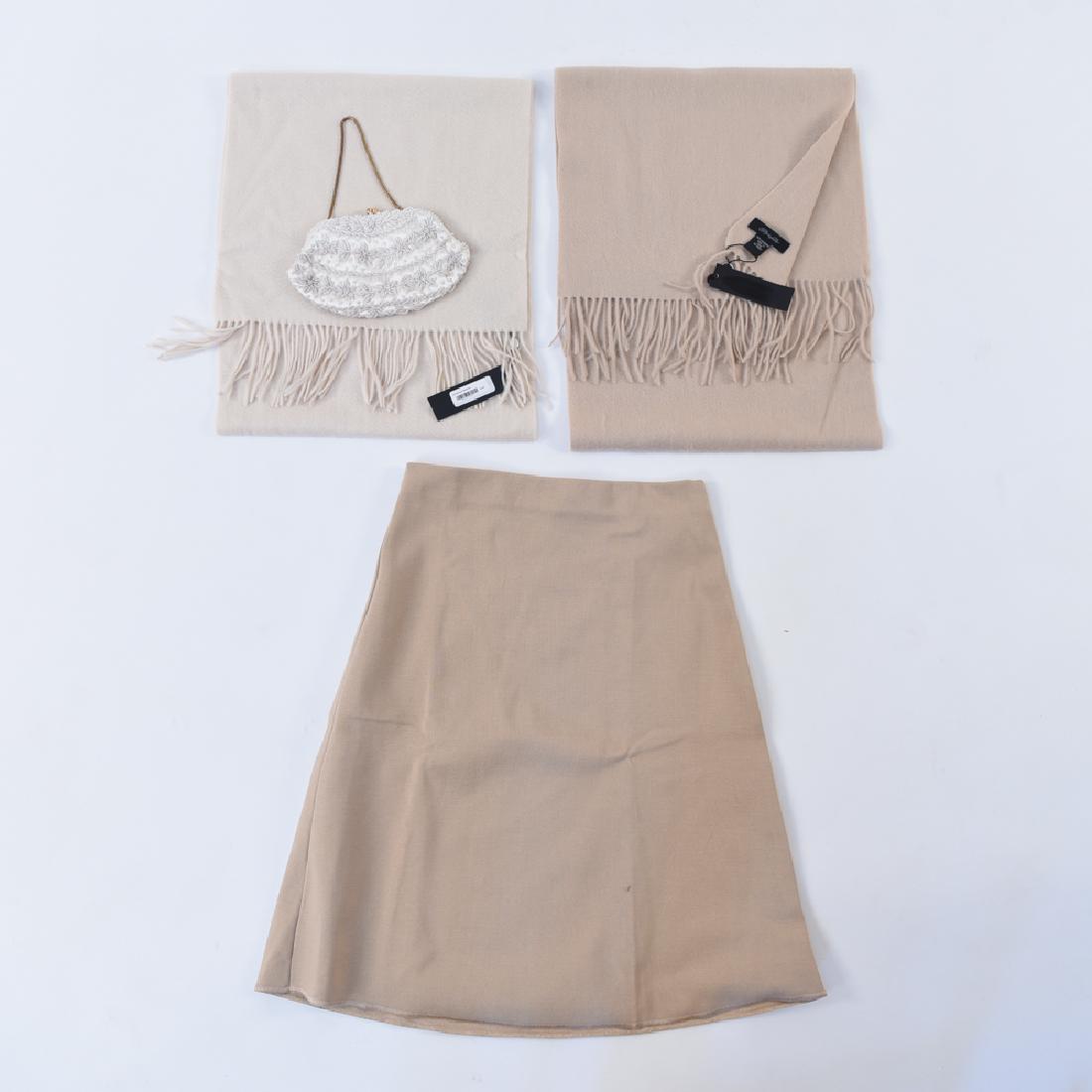DESIGNER WOOL GROUPING: Including two nude color wool pashminas, size 40 Prada 100% silk skirt, and fashion hand bag. Condition: Like new. Bag with a little use.