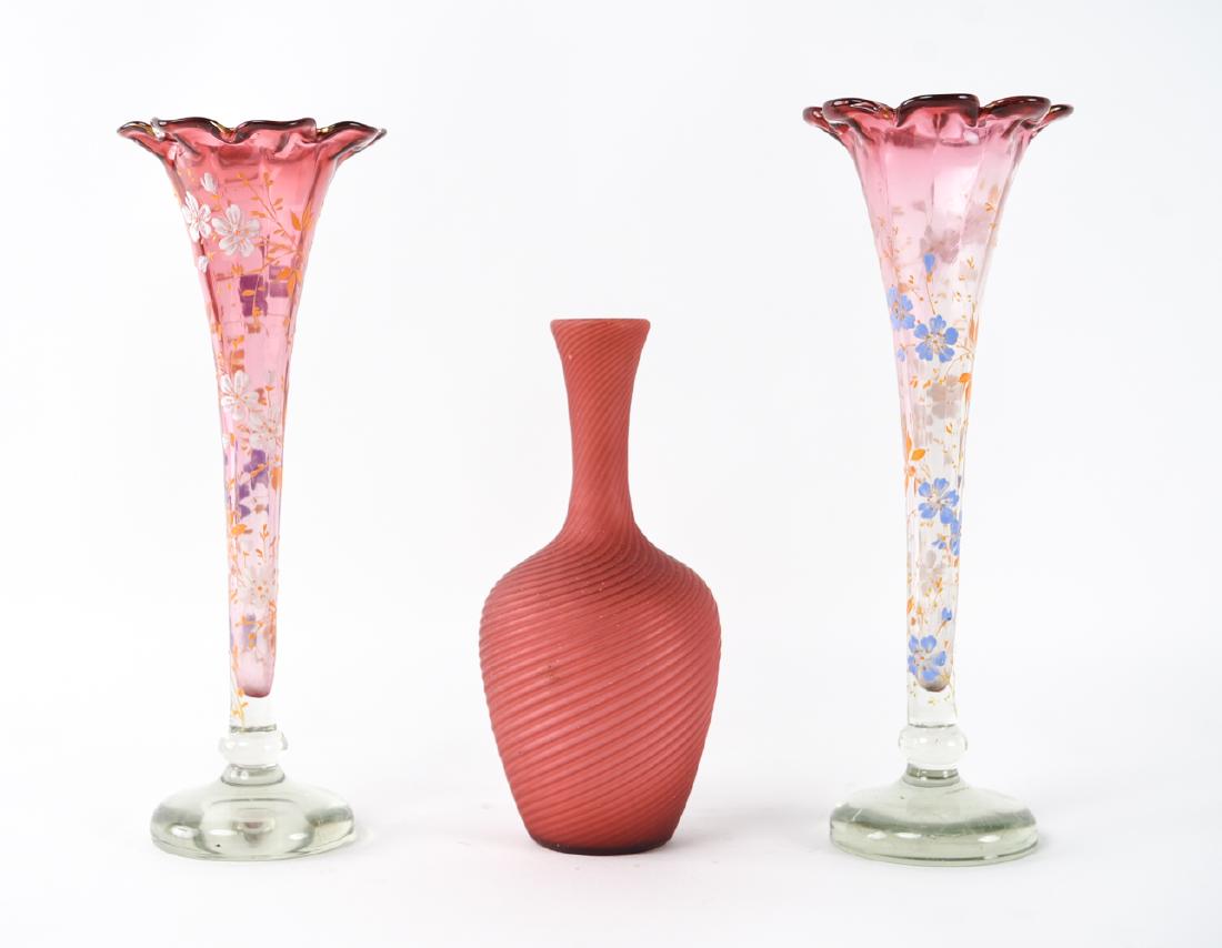 GROUPING OF 19TH C. VENETIAN ART GLASS: (3) pieces. Pair of enamel decorated vases and one swirled case glass vase. Dimensions: (Taller) H 11" x Dia. 4" Condition: White marks to small vase. Few light marks.