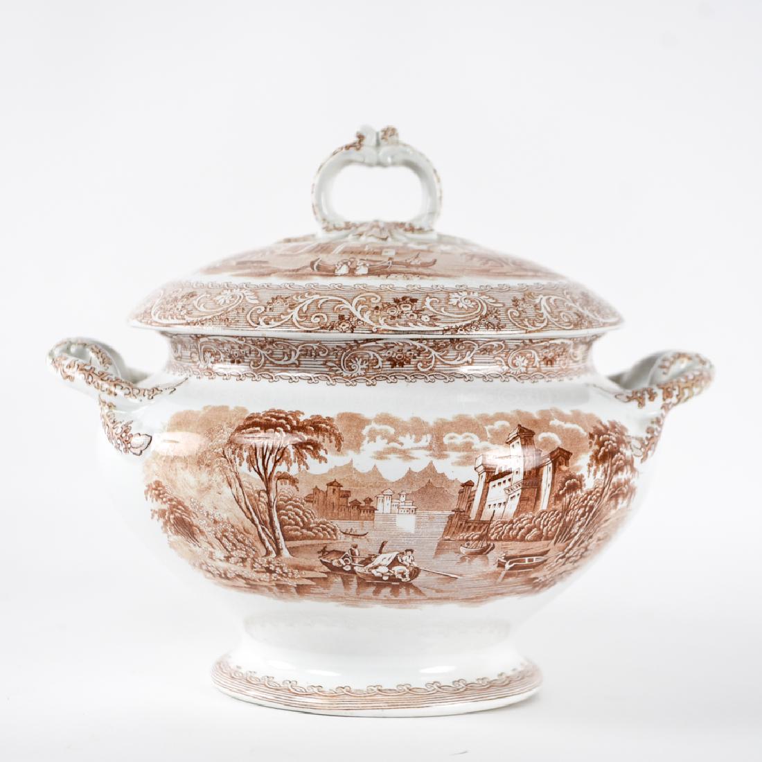 19TH CENTURY TRANSFERWARE SOUP TUREEN: Ironstone. Marked underneath. Attractive "Rhine" pattern. Dimensions: H 10.5" x Dia. 12.25" Condition: Bright. Showing light handling wear.