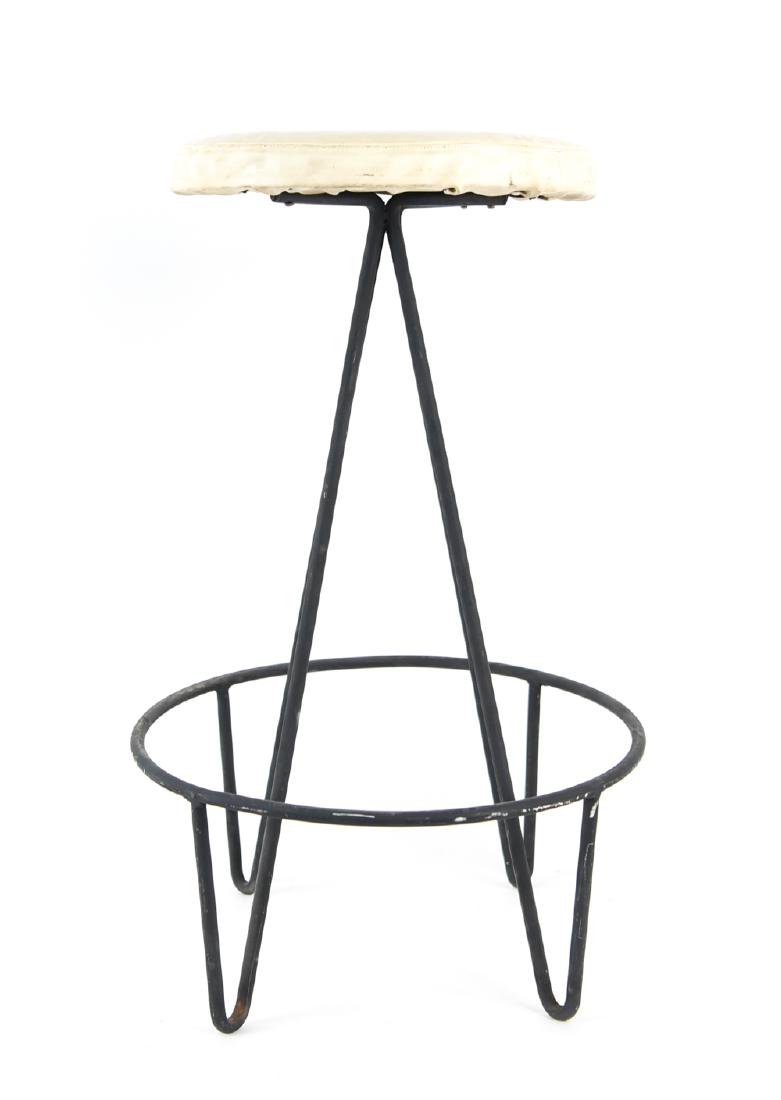 MID-CENTURY FREDERICK WEINBERG IRON BAR STOOL: Dimensions: H 29" x W 18" Condition: Paint loss and scuffs to base. Some discoloration and scuffs to seat.