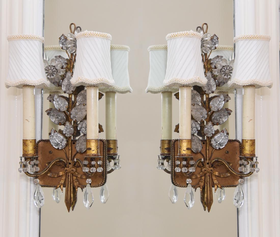 MANNER OF MAISON BAGUES GILT & CRYSTAL SCONCES: Dimensions: H 15"x W 7" x D 3" Condition: In working condition. Showing light vintage finish wear.