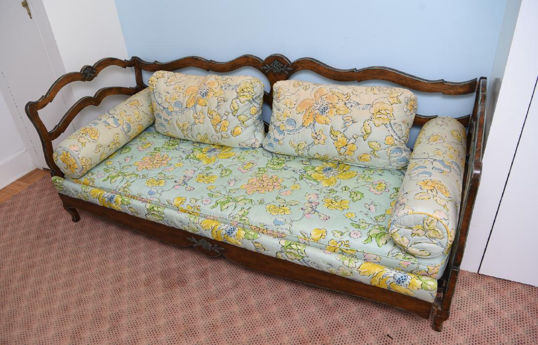FRENCH STYLE DAYBED: Dimensions: H 31" x W 78" x D 33" x SH 13.5" Condition: Some joint separation to frame. Rubs and scuffs. Tears and fading to cushions. Some soiling.