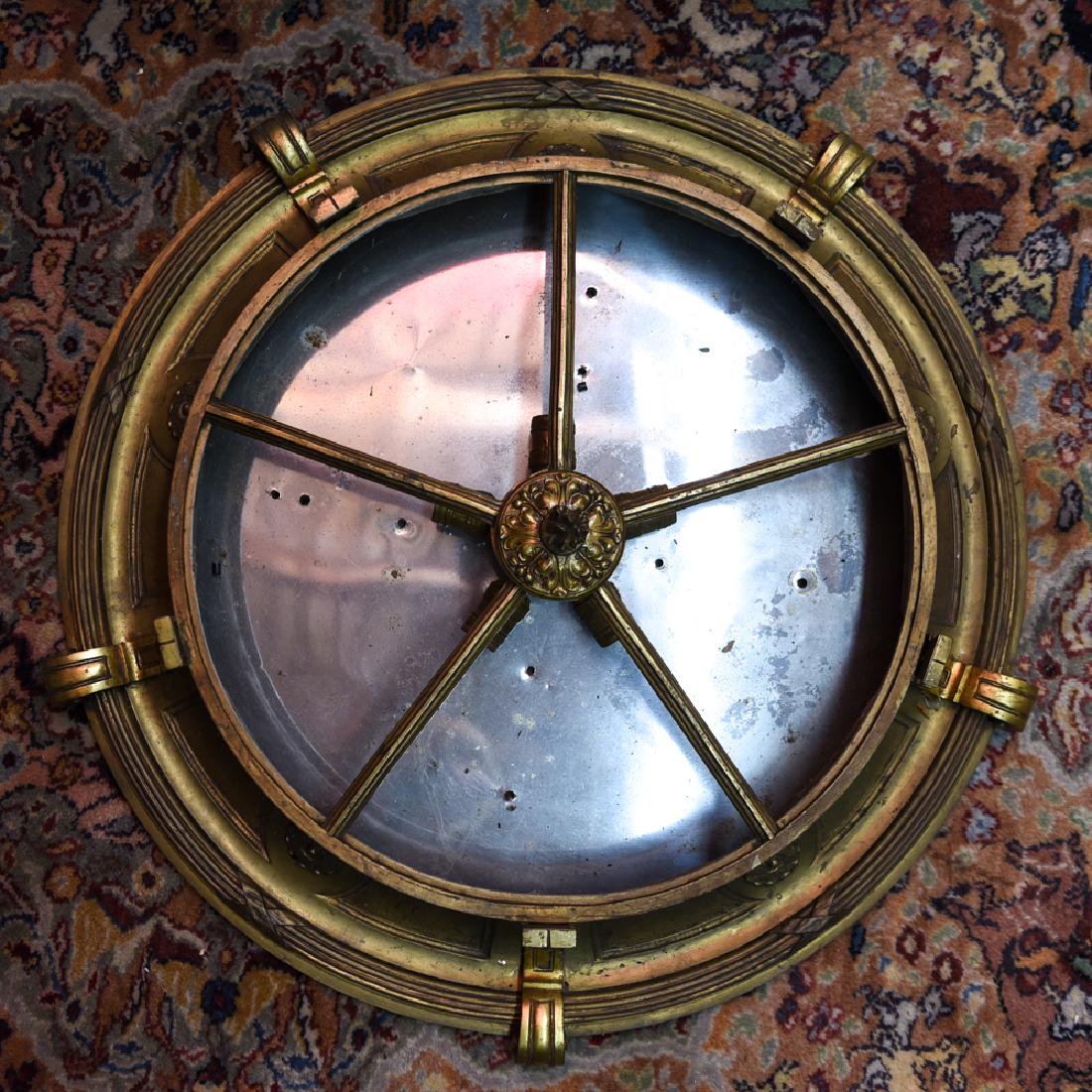 MASSIVE FRENCH BRONZE FLUSH MOUNT LIGHT FIXTURE: Dimensions: H 7.5" x Dia. 32" Condition: Missing glass shades. Finish wear consistent with age.