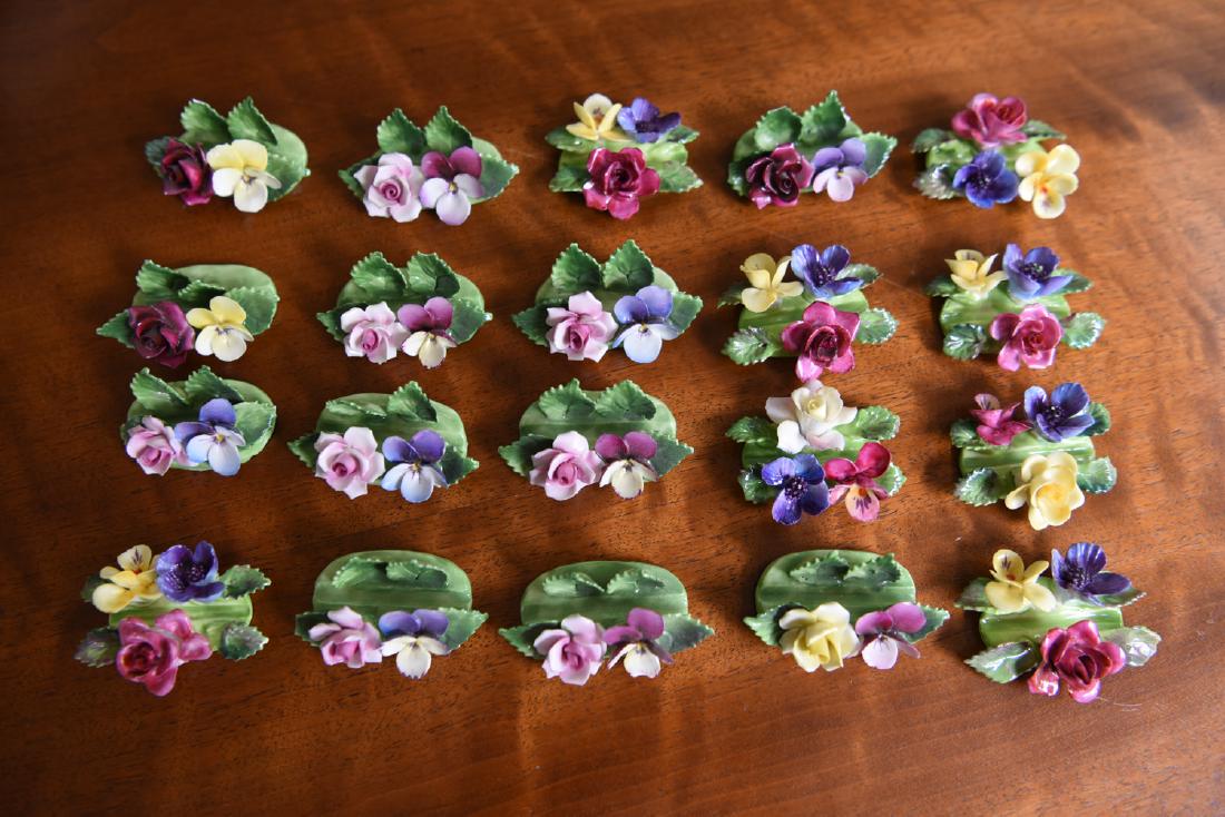 ENGLISH PORCELAIN BONE CHINA PLACE CARD HOLDERS: Including Crown Staffordshire. Dimensions: (Tallest) H 1" x W 2.25" x D 1.75" Condition: Few small chips to some pieces.
