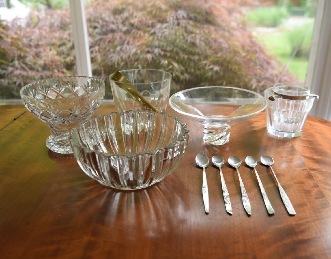MODERNIST GLASS & BARWARE: Dimensions: (Large ice bucket) H 5.25" x Dia. 6" Condition: Few chips to bottom of tazza.