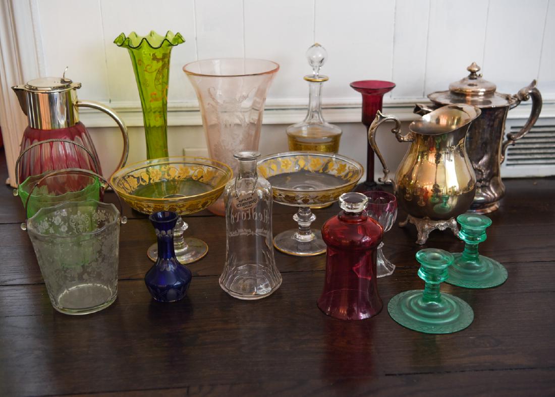 19TH C. GLASS GROUPING ETC.: Footed silver-plate pitcher marked Federal Silver Co. Epc. Dimensions: (Cut cranberry glass and silver-plate pitcher) H 11" x W 9.25" x D 6.25" Condition: Few small chips to some pieces. Some tarnish 