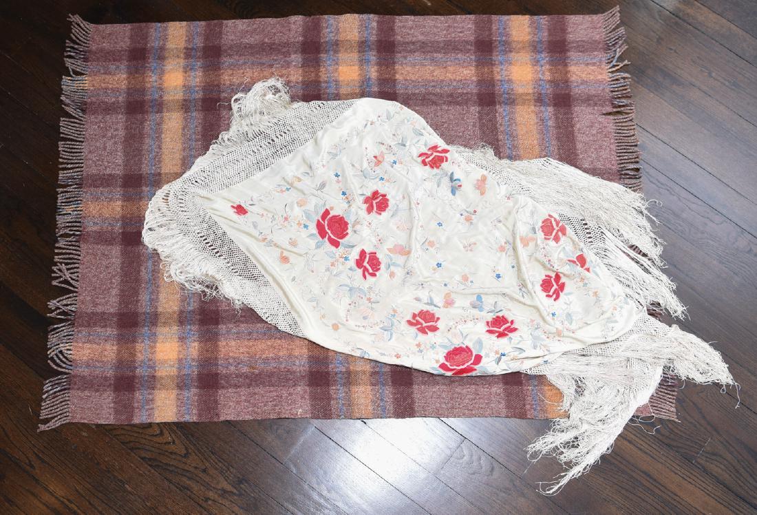 EMBROIDERED VINTAGE PIANO SHAWL & WOOL THROW: Dimensions: (Wool throw) L 76" x W 57" Condition: Small holes to wool throw.