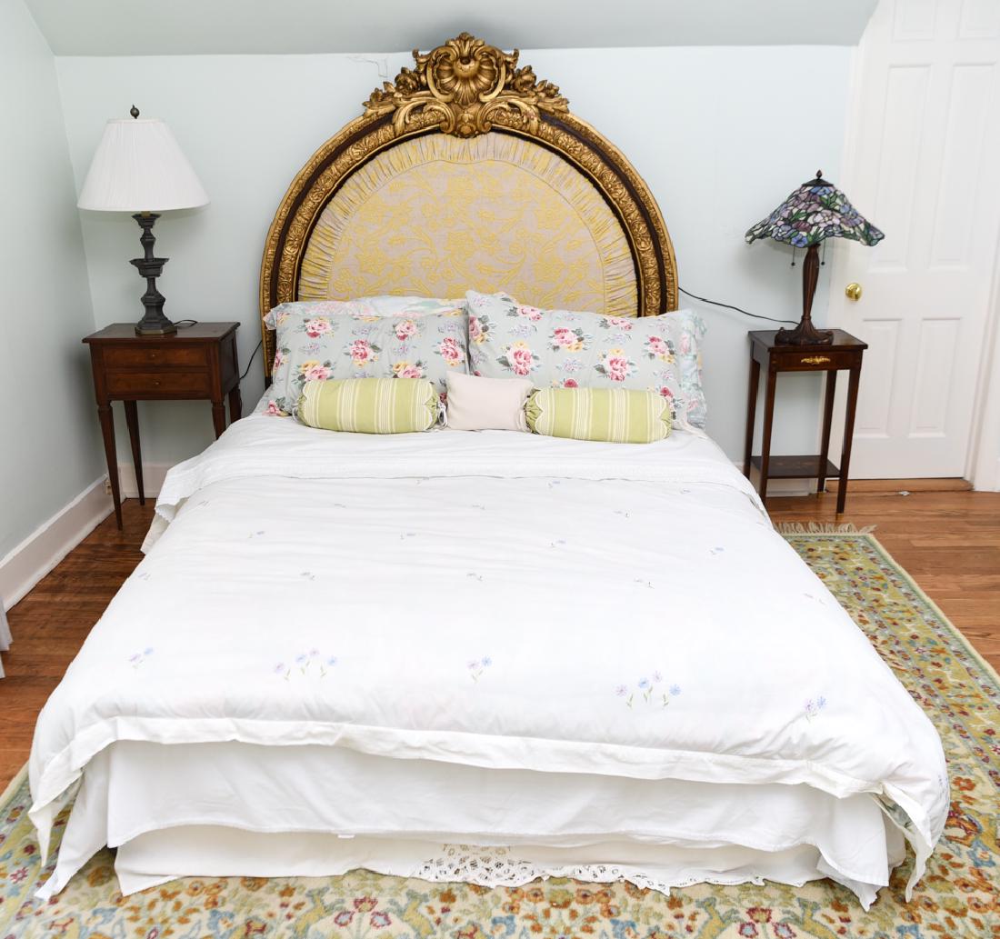 ORNATE 20TH C. GILT HEADBOARD: Full size. Dimensions: H 69" x W 62" x D 5" Condition: Showing light signs of use.