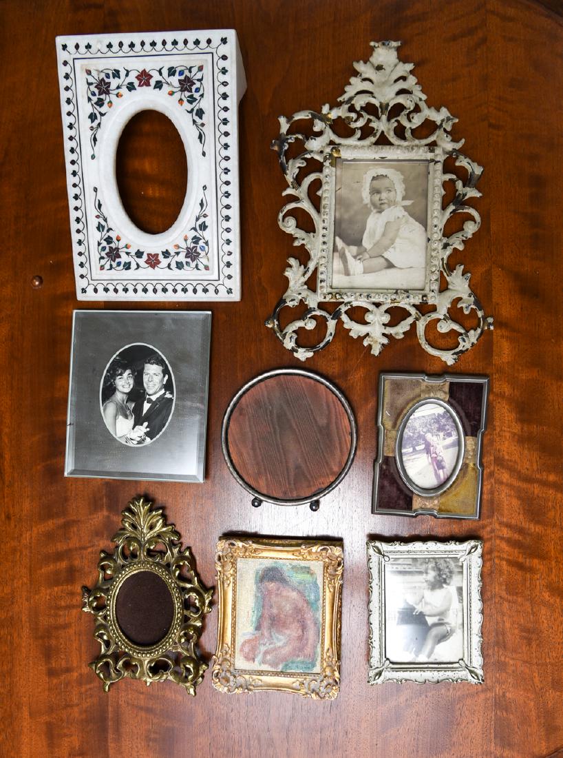 GROUPING ANTIQUE & VINTAGE FRAMES INCL. STERLING: Dimensions: (Inlaid alabaster) H 8.5" x W 6.5" x D 4.25" Condition: Showing light signs of use.