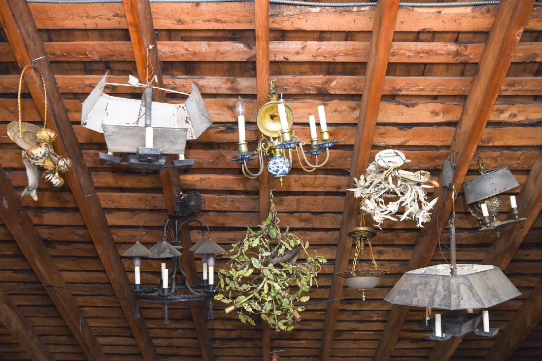 GROUPING OF LIGHT FIXTURES: Dimensions: (Holly) H 18" x Dia. 18" Condition: Various states of wear. Some need restoration. All should be rewired.