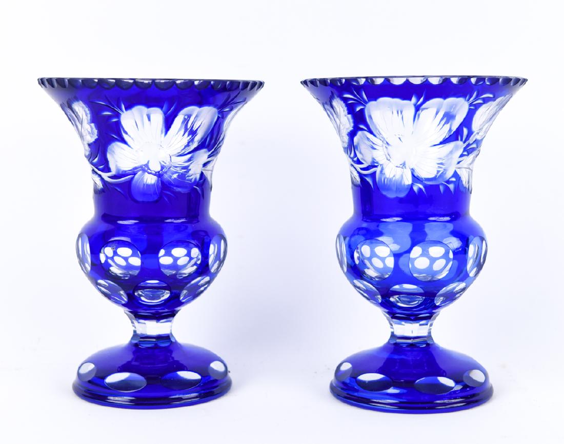 PAIR OF BOHEMIAN COBALT BLUE CUT TO CLEAR URNS (1 of 10)