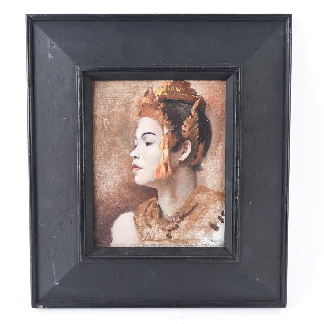 OIL ON BOARD CAMBODIAN PORTRAIT, 1937: Signed lower right. Signed and dated Ting suhn / Phnom Penh 1937 verso. Dimensions: (Frame) H 13.5" x W 12", (Sight) H 7.5" x W 6" Condition: Very minor frame wear.