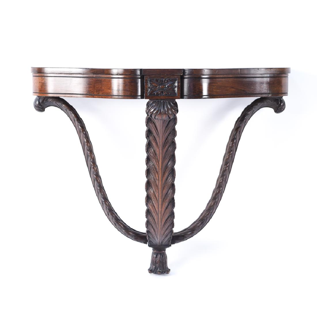 VINTAGE CARVED WOOD CONSOLE SHELF: Dimensions: H 25" x W 30" x D 13" Condition: Showing light wear including a few rubs, scratches, and small chips. Area of loss to lower edge of shelf.